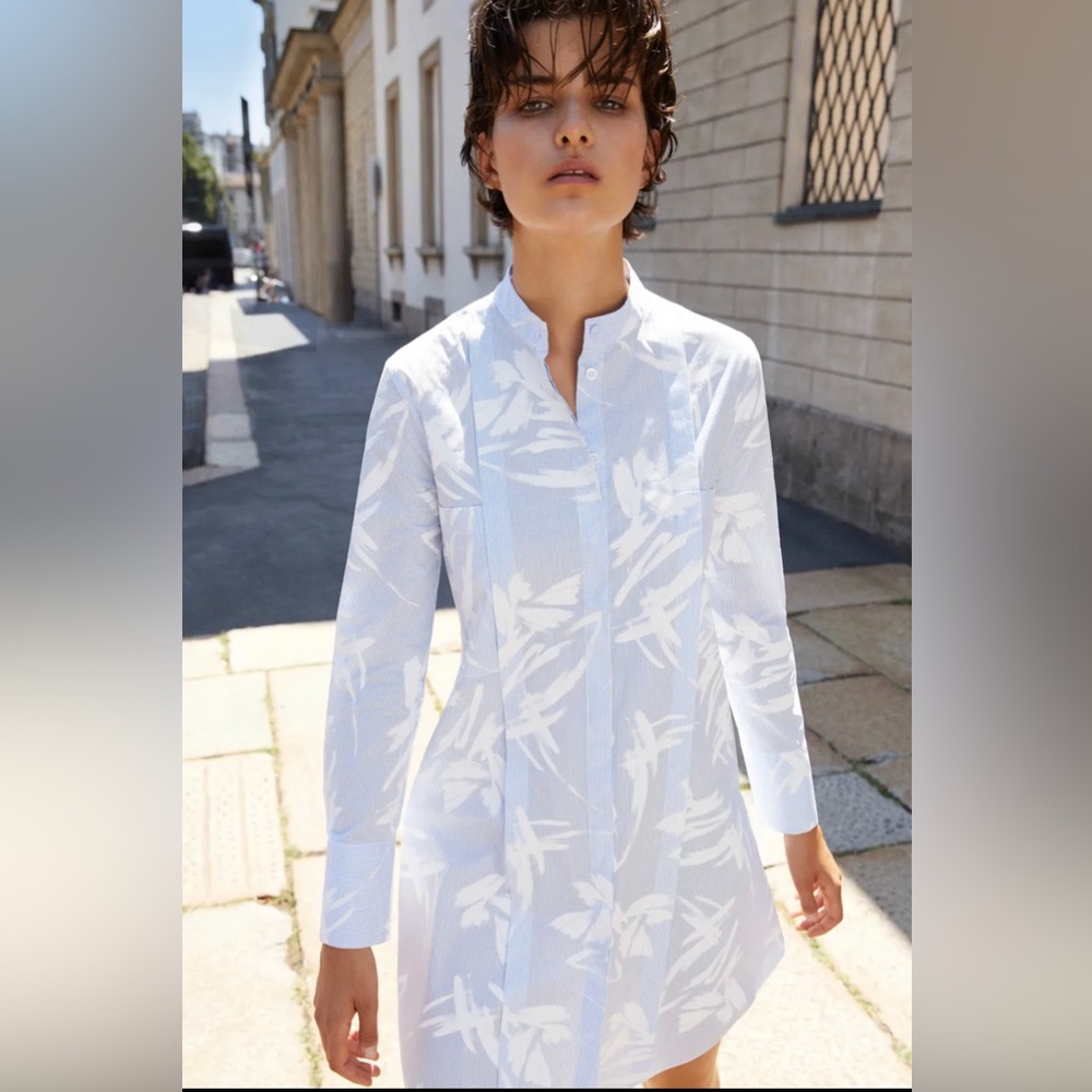 Piazza Sempione long sleeve button down tunic dress blue and white abstract